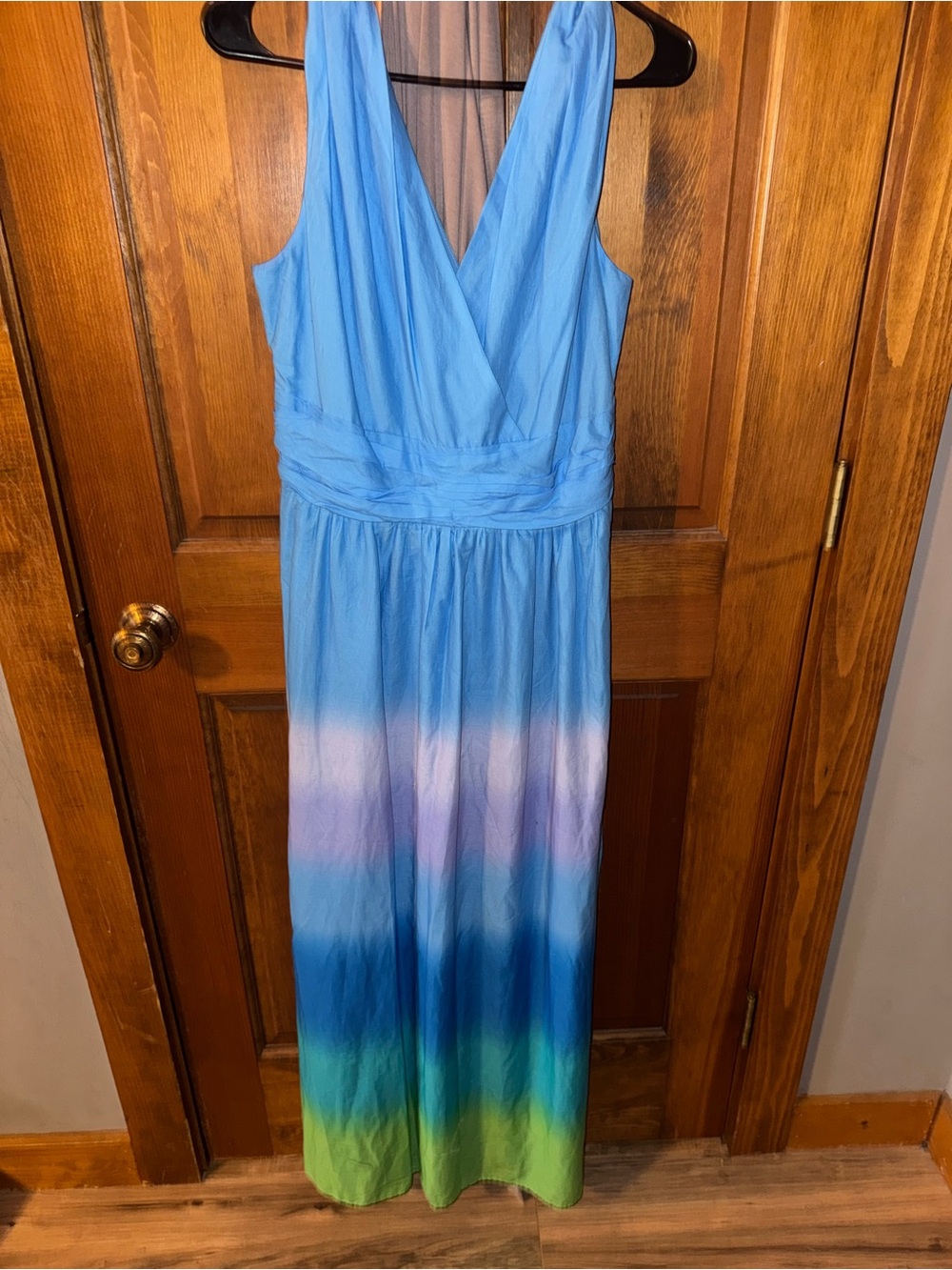 Taylor Blue Ombre V-Neck Maxi Dress with Green Accent